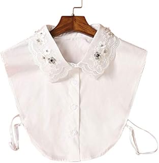Shinesline Women Fake Collar, Vintage Half Shirt Collar with Diamond Bead, Detachable Blouse Collar Tie/White