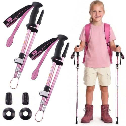 Elfzone Trekking Poles - Lightweight Collapsible Kids Hiking Poles - Retractable Kids Hiking Stick Telescoping Aluminum Trekking Poles 2 Pack Adjustable Ski Poles (Pink)