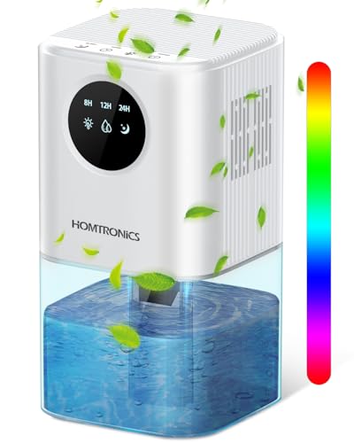 Homtronics Luftentfeuchter Elektrisch, 1700ml Luftentfeuchter Klein, Raumentfeuchter Leise Dehumidifier, Tragbarer, 7 Farbiges Licht, 8/12/24 Stunden Timer, für Bad, Schlafzimmer, Schrank, Küchen