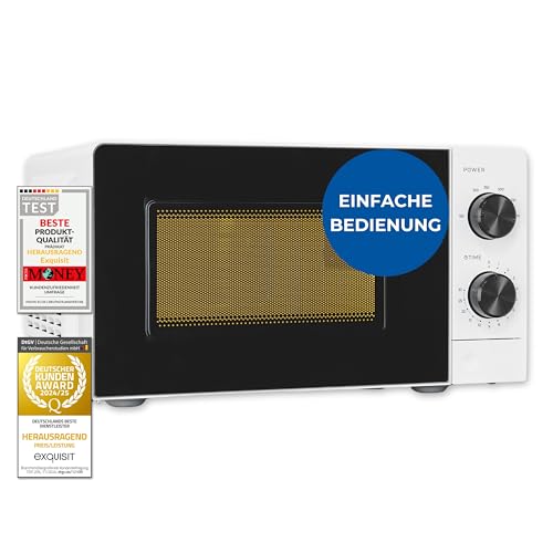 Exquisit Mikrowelle 20L, 700 Watt, 24,5cm Drehteller, 5 Leistungsstufen, Timer, Auftaufunktion, 2 Drehregler, MW950-070 weiss