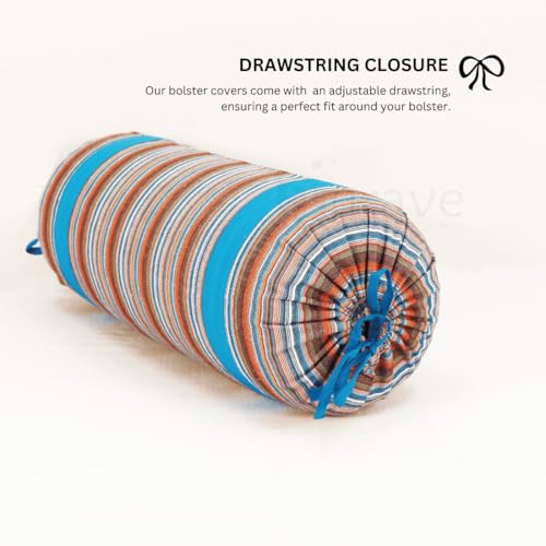Image of AURAVE Woven Cotton 144 TC Bolster Cover with Drawstring Closure, Set of 2, Soft Breathable Durable Machine Washable for Sofa Bed & Home Decor, 15 inchx30 inch, Blue | Cover Only