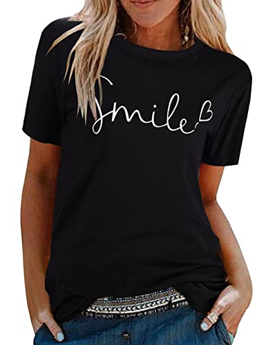 Tuopuda T-Shirt Damen Sommer Oberteile Rundhals Kurzärmeliges Print Bluse Basic Shirt Bequem Baumwolle Tunika Tee Tops Schlank Hemd für Frühling Sommer Herbst, Z1-schwarz, L