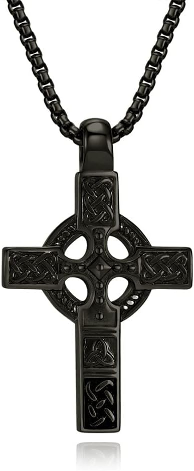 Cross Necklace for Men，Stainless Steel Celtic Knots Ireland Silver/Black Cross Religious Necklace Vintage Geometric Design Chain Christian jewelry 60 cm/23.6 inches