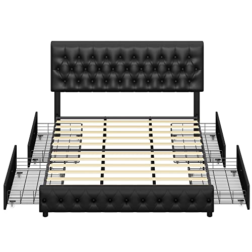 King Size Bed Frame With 4 Storage Drawers And Adjustable Headboard, Upholstered Faux Leather Platform Bed With Button Tufted Design, Strong Wooden Slats Support, No Box Spring Needed, Black #TOP5