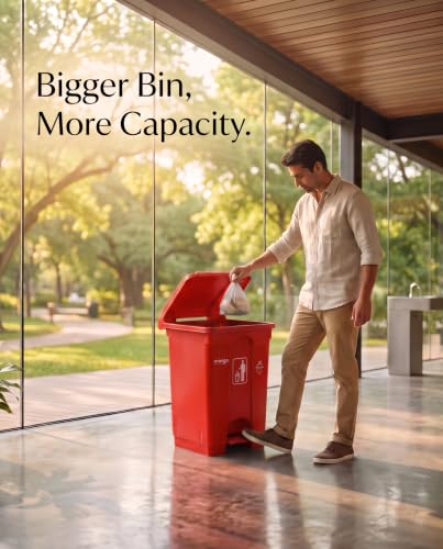 Image of pedal dustbin with lid, heavy duty plastic garbage bin, hands-free step-on waste bin for kitchen, office, home, hotel, bathroom & outdoor use (Mystic Red, 65 Liters)