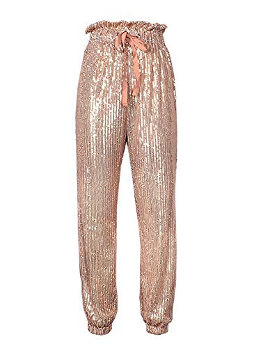 Allumk Women's Fashion Glitter Sequin Party Pants Solid Loose Elastic High Waist Drawstring Ankle Pants Rose Gold L #TOP1