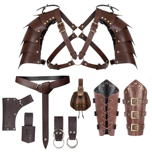 SUMGOGO 9 Pcs Medieval Costume Belt Pouch Hook Shoulder Armor Arm Bracers Cosplay Renaissance Mens Retro Knight Costume Accessory (Brown)