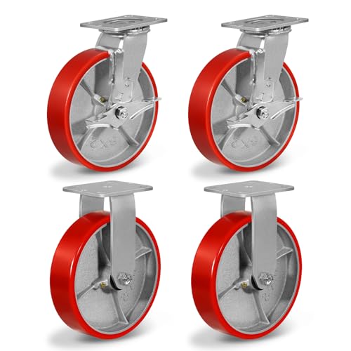 8"X 2" Heavy Duty Caster Wheels, Swivel Casters Set of 4 Polyurethane Wheel with Strong Load-Bearing Capacity 6000lbs, Industrial Casters for Toolbox Workbench (2 Brakes &amp; 2 Rigid)