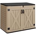 YITAHOME Outdoor Horizontal Storage Shed with X-Shaped Lockable Door, 35 Cu Ft Weather Resistant Resin Tool Shed w/o Shelf, Ideal for Bike, Trash Cans, Garden Tools, Lawn Mowers, Brown