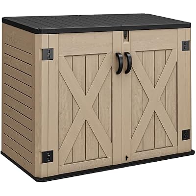 YITAHOME Outdoor Horizontal Storage Shed with X-Shaped Lockable Door, 35 Cu Ft Weather Resistant Resin Tool Shed w/o Shelf, Ideal for Bike, Trash Cans, Garden Tools, Lawn Mowers, Brown