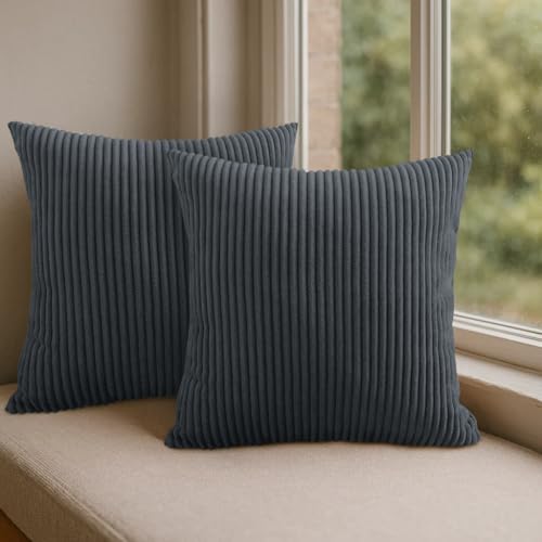 Hafaa Cushion Covers 45 x 45 cm Pack of 2 Grey Cushions Decorative Stripe Throw Pillow Cases Soft & Fluffy with Invisible Zipper for Living Room Bed and Couch (18x18 Inch)