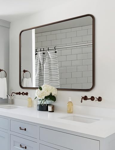 Image of ANDY STAR Bronze Bathroom Mirror 30X40, Large Brushed Bronze Mirror for Wall, Rounded Rectangle Mirror Oil Rubbed Bronze, Bronze Vanity Mirrors in Metal Frame Hangs Horizontal Or Vertical