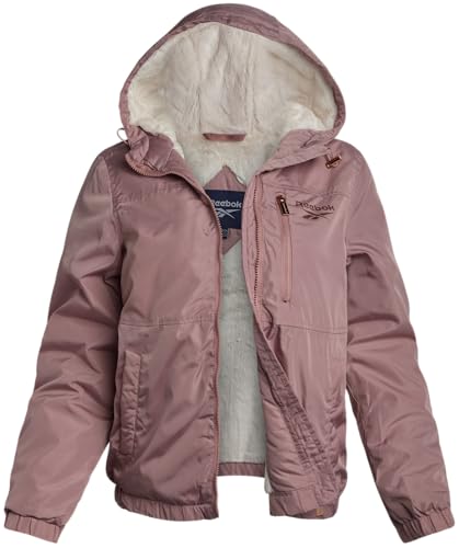 Reebok Womens Rain Coat - Midweight Wind Water Resistant Sherpa Lined Full Zip Up Womens Rain Jacket with Hood and Pockets, Size Large, Dusty Rose