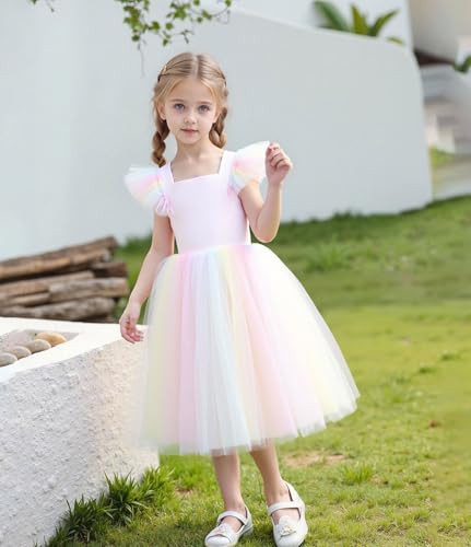 Image of Tutu.kk Toddler Girls Vintage Party Dress Ruffled Sleeve A-Line Tulle Flower Girl Dresses for Wedding,Birthday