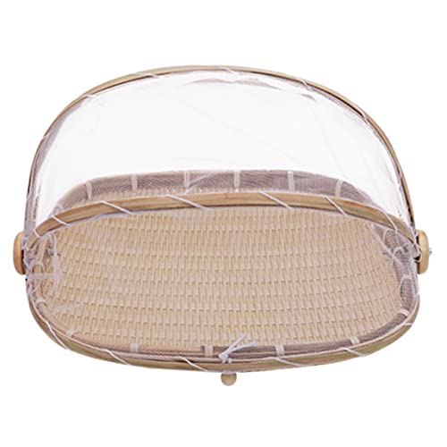 Healifty 1Pc Crafted Woven Basket with Net Cover Versatile Dustpan for Fruits Bread Snacks Oblong Design for Indoor Outdoor Use Decorative Practical Storage