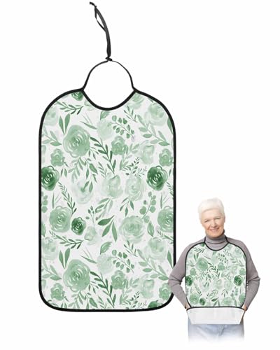 LEOKOTI Green Spring Floral Botanical Adult Bibs for Eating, Waterproof Bibs with Food Catcher & Adjustable Snap Closure, Watercolor Summer Flower Washable Clothing Protectors Adult Bibs for Elderly
