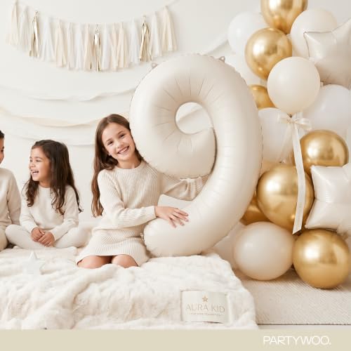Image of PartyWoo Beige Number 9 Balloon 40 Inch 25pcs White Sand Foil Star Gold