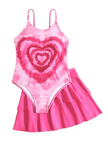 OYOANGLE Girl's Cute Heart Print One Piece Swimsuit with Ruffle Beach Skirt Bathing Suits
