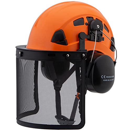 LOHASWORK Safety Hard Hat ANSI Z89.1 Approved,Adjustable Safety Helmet with Earmuff and Face Shield,Construction Work Forestry Aborist Helmet(092Orange+Earmuff+Shield)