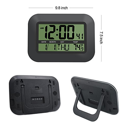HeQiao Silent Desk Clocks Digital Wall Clock Simple Large LCD Alarm Clock with Temperature Calendar for Home Office (Night Black)