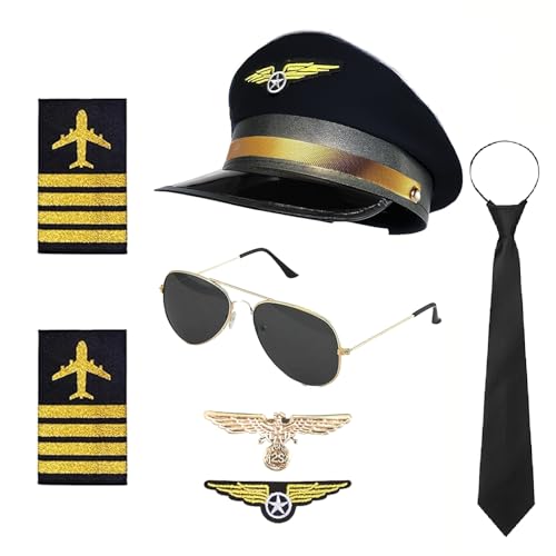 SHIQUAN Accessoires de Costume de Capitaine de Pilote,Set de Capitaine de Pilote Carnaval,Épaulettes Bandes, Chapeau de Aviateur,Pour Les Hommes Adultes pour La Fête...