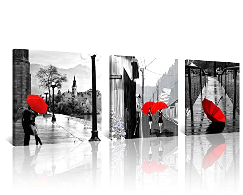 NAN Wind 3 Pcs Modern Giclee Canvas Black and White with Red Theme Wall Art Landscape Wall Decor Paintings on Canvas Stretched and Framed (16X16inchX3pcs, Couple Red Umbrellas)
