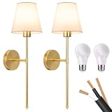 Wall Sconces Sets of 2, Classic Brushed Brass Sconces Wall Lighting, Hardwired Bathroom Vanity Light Fixture with Fabric Shade for Bedroom Living Room Hallway Kitchen (Bulbs Included)(Warm light)