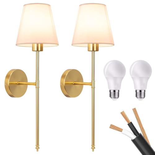 Wall Sconces Sets of 2, Classic Brushed Brass Sconces Wall Lighting, Hardwired Bathroom Vanity Light Fixture with Fabric Shade for Bedroom Living Room Hallway Kitchen (Bulbs Included)(Warm light)