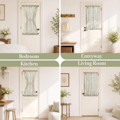 Image of jinchan Alice Floral French Door Curtain Farmhouse Linen for Sliding Glass Door 40 Inches 1 Panel with Tieback Light Filtering Curtain for Window Patio Rod Pocket Green on Linen