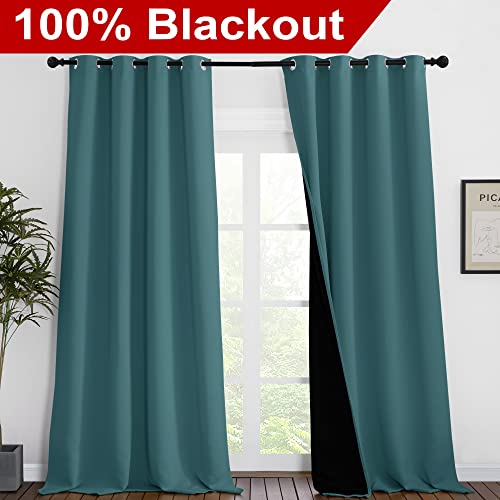 Image of NICETOWN 100% Blackout Curtains 102 inches Long, Noise Reduction Window Treatment Curtains, Thermal Insulated Energy Smart Drapes and Draperies for Apartment Decor, Sea Teal, Set of 2, 55 inches W