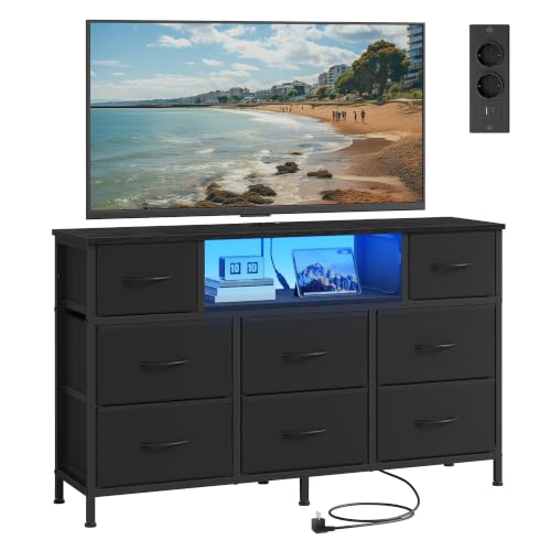 Miniatura 8 de SONGMICS Cómoda, Mueble TV con 8 Cajones de Tela, Luces LED y Enchufes, 113,8 x 30 x 68,1 cm, Negro Tinta, para Dormitorio y Salón, Colección Bellah LGS433BH02
