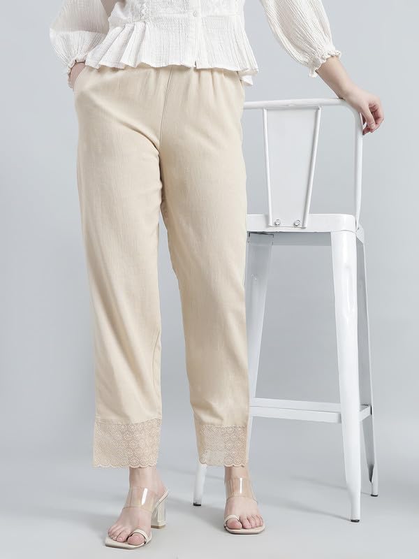 Image of GO COLORS Rayon Blend Ethnic Pant Organza for Women Full Length| Mid Rise, Lace Design