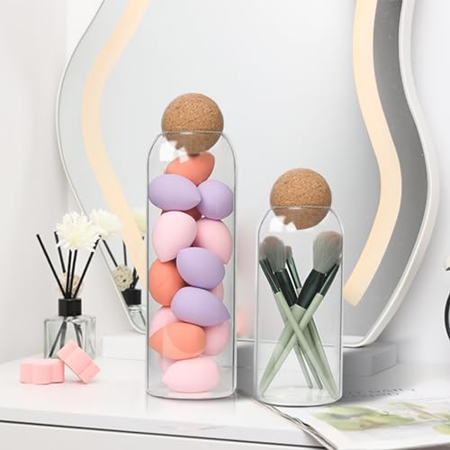 Image of ComSaf 1000ml Glass Storage Container with Ball Cork, 3Pcs Glass Jar with Cork Lid, Round Cork Glass Bottle, Coffee Jar with Wood Ball Lid for Bath Salt, Food, Coffee, Sugar,Tea, DIY Decoration