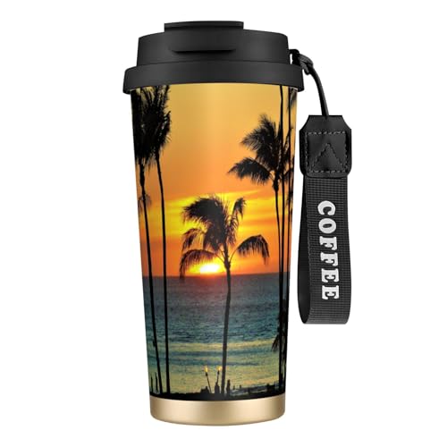 タンブラー ハワイ 夕暮れ 海とヤシの木 マグボトル コーヒーカップ 水筒 保温 保冷 ウォーターボトル 蓋付き ストロー付き 直飲み おしゃれ プレゼント
