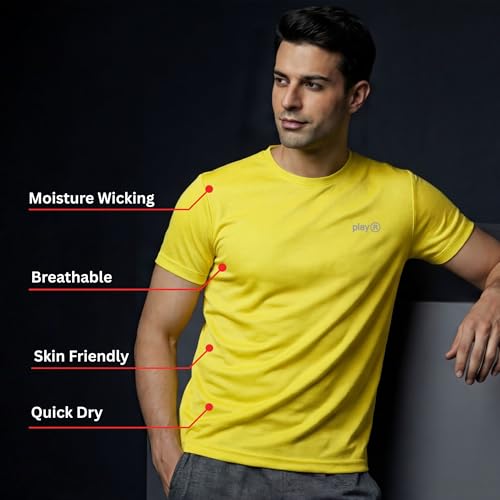 Image of playR Men's Polyester Adult Training Tee - Round Neck Half Sleeve Regular Fit DRIVENT, Lightweight Breathable Activewear for Gym Running Workout Yoga All Season