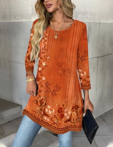 Zeagoo Women Tops 3/4 Sleeve Dressy Plus Size Casual Tunics to Wear with Leggings Swing Flare T-Shirt Loose Blouses3