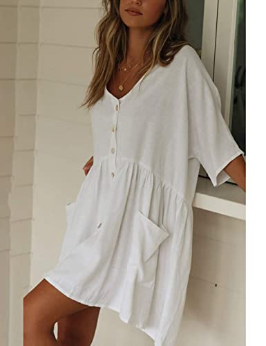 Bsubseach White Casual Beach Shirt Tunic Dress With Pockets For Women Button Down Half Sleeve Swimsuit Cover Up #TOP3