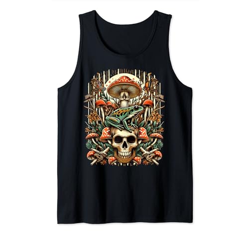 Cottagecore Frog Skull Mushroom Collector Hombres Mujeres Vintage Camiseta sin Mangas