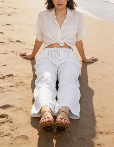 Image of CHARTOU Women's Summer Drawstring Waist Wide Leg Loose Cotton Linen Palazzo Pants