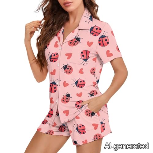 Image of Renewold Women's Short Sleeve Pajama Set Button Down Sleepwear with Notch Collar Soft Lounge Top and Shorts with Pockets
