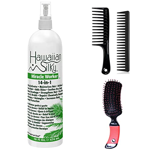 Hawaiian Silky 14-in-1 Miracle Worker 16 oz, Keratin Leave-In Conditioner (Including 2 Piece Wide Tooth Detangle Hair Comb Set & Detangling Hair Brush)