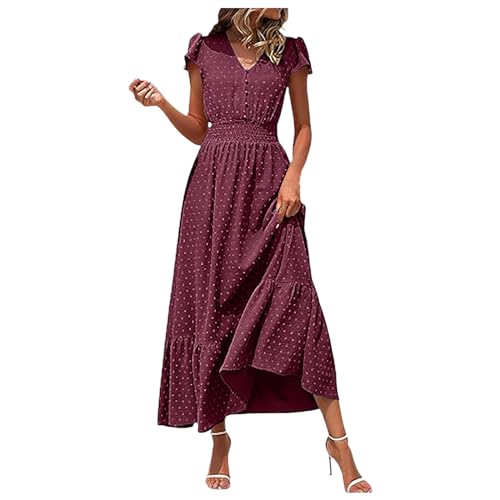 Genérico Bohemia Cuello en V Polka Bot de Talle Alto con botones Una Línea Vestido de litera plisado Vestido Púrpura Mujer, rojo, M