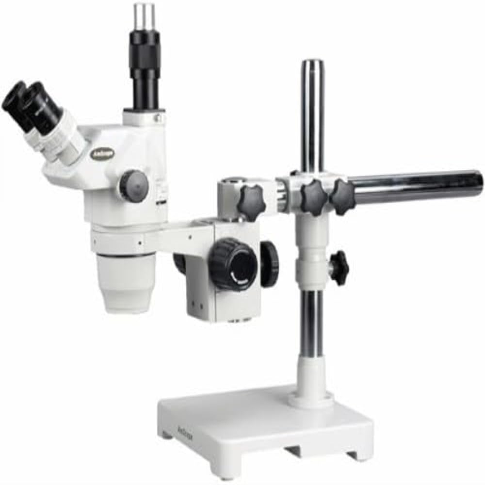 AmScope ZM-3T Stereo Zoom Microscope, EW10x Eyepieces, 6.7X-45X Magnification, 0.67X-4.5X Zoom Objective, Ambient Lighting, Single-Arm Boom Stand
