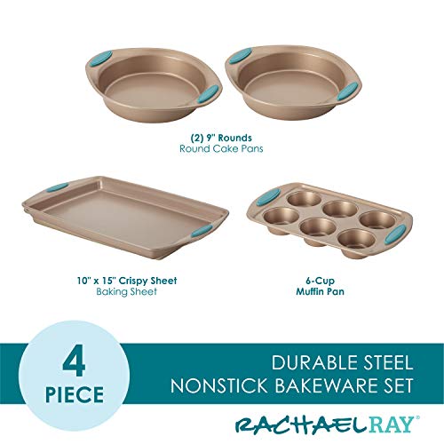 Rachael Ray Cucina Bakeware Set Includes Nonstick Cake Cookie Baking Sheet And Muffin Cupcake Pan, 4 Piece, Latte Brown With Agave Blue Grips #TOP1
