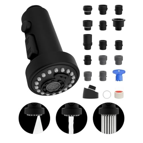 Hibbent NSF/ANSI/CAN 61 & CUPC Certified Pull Down Kitchen Faucet Head Replacement, 3 Function Sink Faucet Sprayer Head Nozzle, 15 Adapters, Compatible with Moen, Delta, Kohler Faucets, Matt