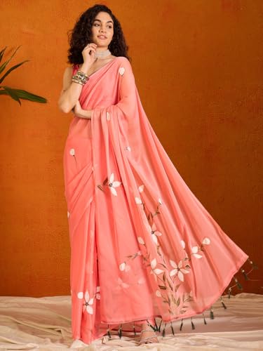 Image of SAREE MALL Women's Chiffon Daisy Floral hand paint Tassel Pallu Lightweight Summer Saree