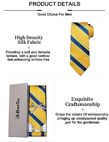 DiBanGu Plaid Ties for Men Silk Checkered Necktie and Pocket Square Cufflinks Tie Clip Set with Gift Box for Wedding Business, Blue and Yellow