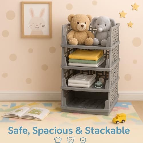 Image of Foldable Drawer Organizer with Stackable Storage Boxes for Wardrobe & Cupboard | Multipurpose Space Saving Storage Bins for Clothes, Toys, Books & Daily Essentials, Grey (Pack of 3)