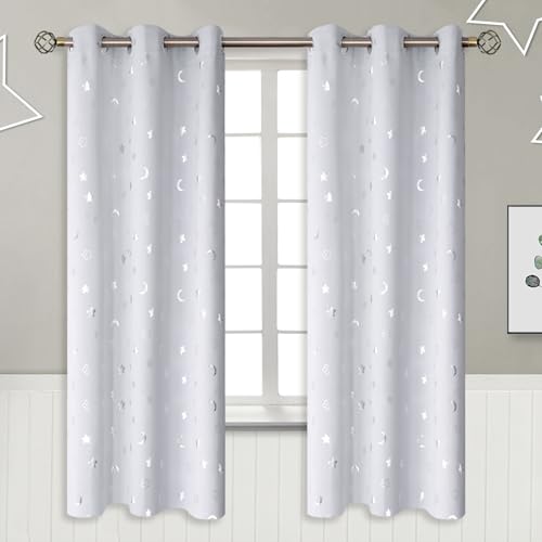 Image of BGment Nursery Curtains for Kids Room, Star and Moon Room Darkening Curtains for Girls Boys Bedroom, BlackoutThermal Insulated Decoration Window Grommet Curtains, 2 Panels, 42 x 72 Inch, Greyish White