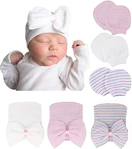 Hifot Newborns Baby Girl Caps and Scratch Mittens Infant Cotton Bow Hat No-Scratch Mitts Set Nursery Beanie